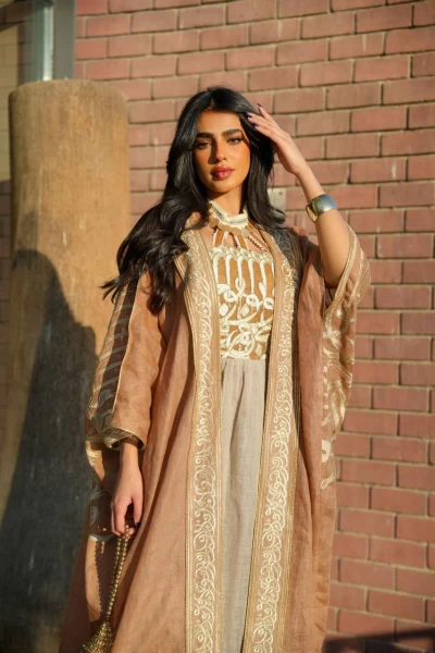 Bisht and dress made of camel linen burlap fabric with embroidery C:IB288