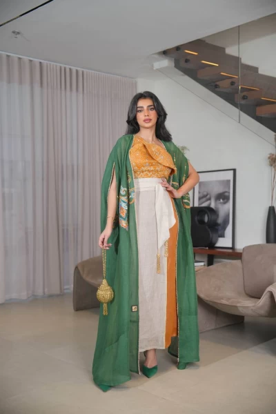 Green bisht with beige and orange linen dress with embroidery C:IB302