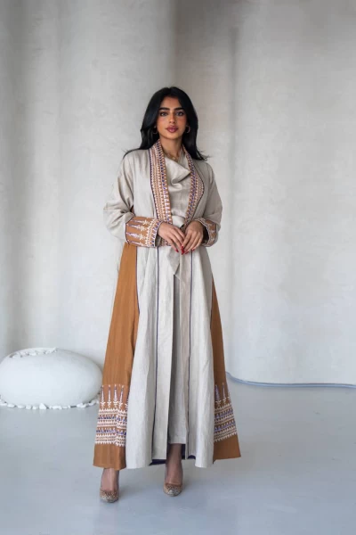 Light Beige Linen Abaya with Embroidery IB278 Light Beige